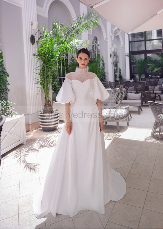 Elbow Sleeves Ivory Tulle Satin Slit Back Vintage Wedding Dress